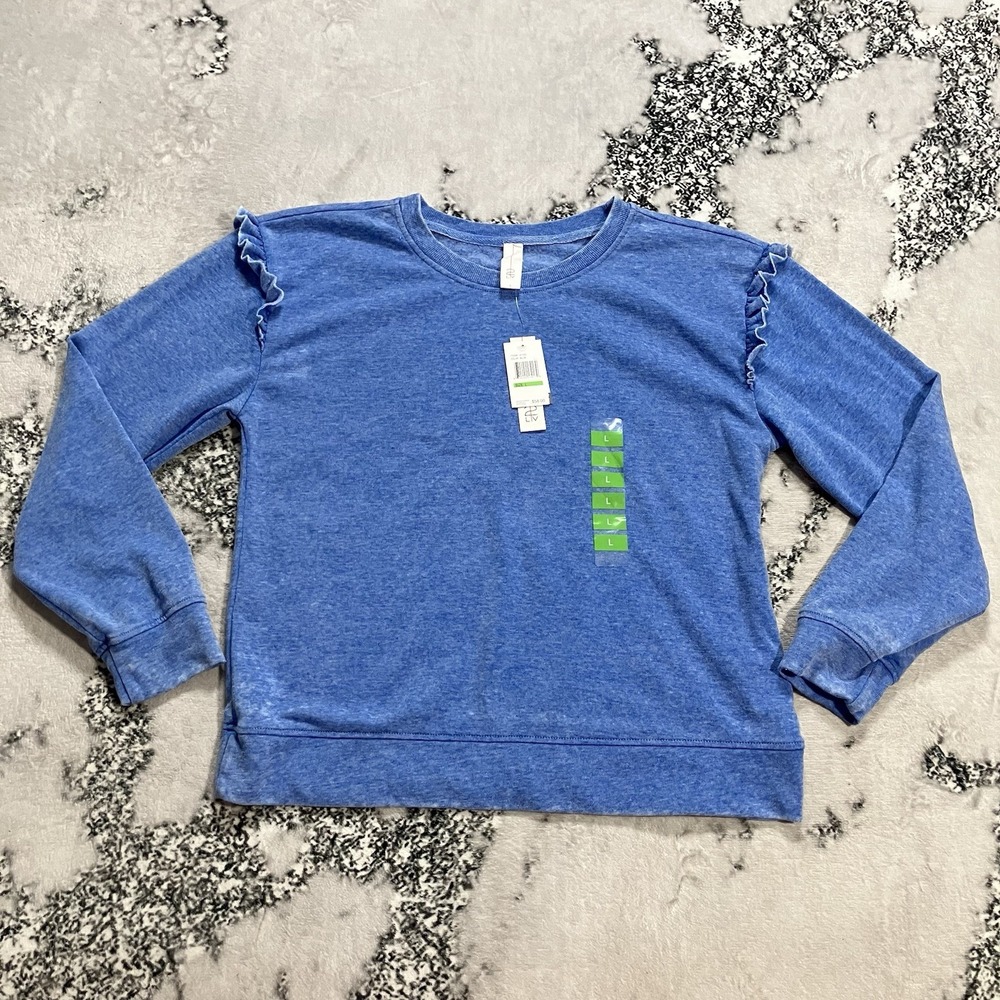 Lane Bryant Sweatshirt Women's Size 2X Long Blue Ruffle Shoulder Pullover Top